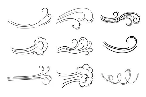 Wind motion doodle line swirl hand drawn steam weather blow isolated on white Stock Illustration