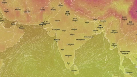 Wind Movement On The Map Of India, Loop Video Stock Footage 292698864