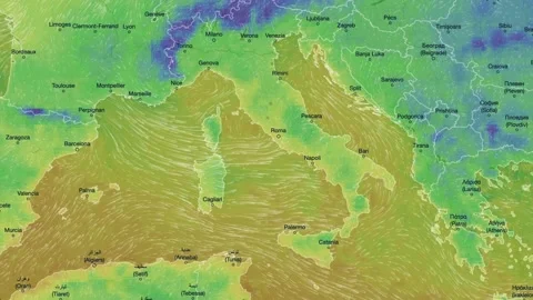Wind Movement On The Map Of Italy, Loop Video Stock Footage 292699594