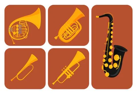 Wind musical instruments cards tools acoustic musician equipment orchestra Stock Illustration