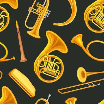 Wind musical instruments seamless pattern, background, wallpaper, cover, textile Stock Illustration