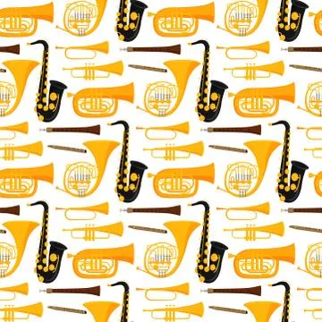 Wind musical instruments tools acoustic musician equipment orchestra seamless Stock Illustration