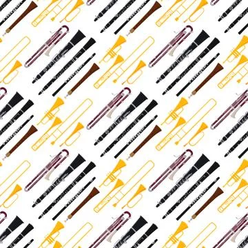 Wind musical instruments tools acoustic musician equipment orchestra seamless Stock Illustration