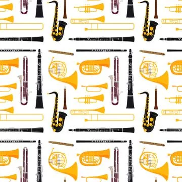 Wind musical instruments tools acoustic musician equipment orchestra seamless Stock Illustration