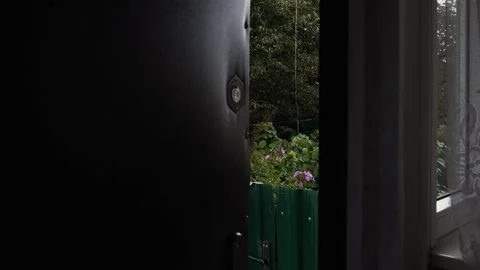 The wind opens the door to the garden, where it rains on the flowers Stock Footage 166175087