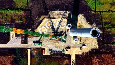 Wind park turbine construction topdown ascending aerial view 스톡 동영상 330868443