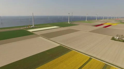 Wind park in a typical landscape with the north sea and wind engines in the Video stock 63316476