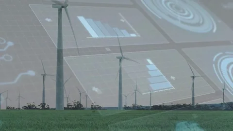 Wind picking up, turbines rotating while translucent HUD sliding in showing Stock Footage 333789772