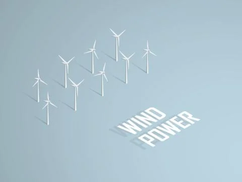Wind power concept vector illustration with 3d  turbines in offshore farm Stock Illustration