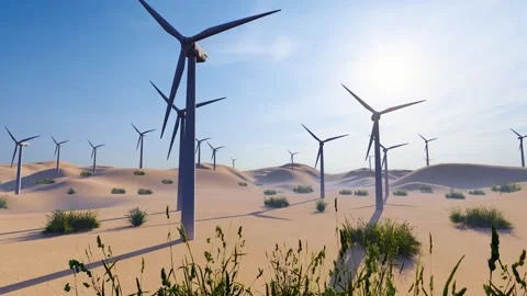 Wind power generation facilities next to the desert Stock Footage 269106501