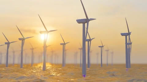 Wind power generation windmill on the sea at sunset Stock Footage 288285445