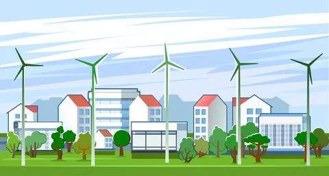 Wind power generator. Suburban comfortable village. Cartoon flat style. Sky a Stock Illustration