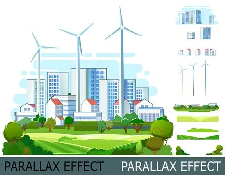 Wind power generator. Suburban comfortable village. Cartoon flat style. Isolate Ilustración de archivo