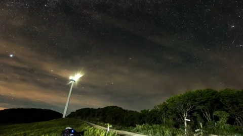 The wind power generators of Cheongoksan Mountain and the stars and clouds flow Stock Footage 145743816