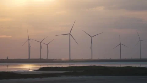 Wind power generators in the field on the coastline Stock Footage 255808532
