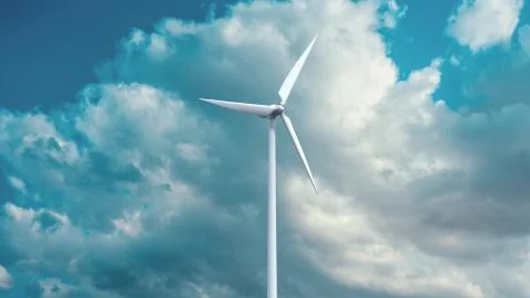 Wind power generators on sky background. Ilustración de archivo