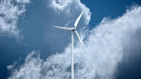 Wind power generators on sky background. Ilustración de archivo