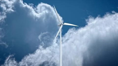 Wind power generators on sky background. Ilustración de archivo