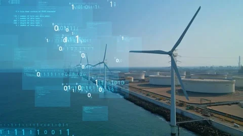 Wind power plant and technology. Digital transformation. Smart grid. Renewable e Stock Footage 149800843