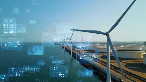 Wind power plant and technology. Smart grid. Renewable energy. Sustainable resou Stock Footage 149800901