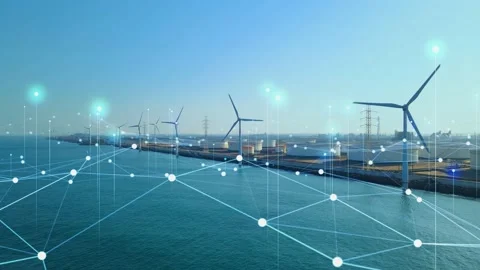 Wind power plant and technology. Smart grid. Renewable energy. Sustainable resou Vidéo 155954907