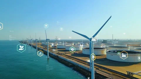 Wind power plant and technology. Smart grid. Renewable energy. Sustainable resou Stock Footage 155954944