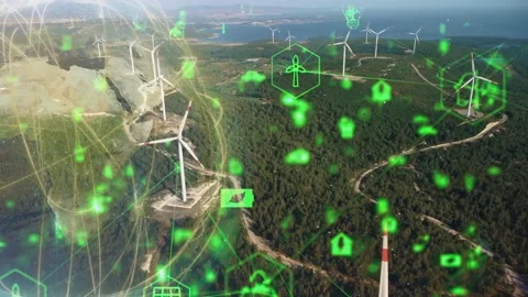 Wind power plant and technology. Smart grid. Renewable energy. Sustainable Video stock 204159749