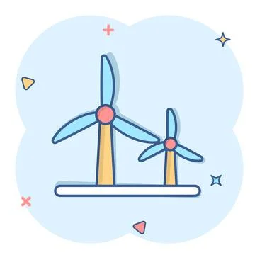 Wind power plant icon in comic style. Turbine cartoon vector illustration on  스톡 일러스트