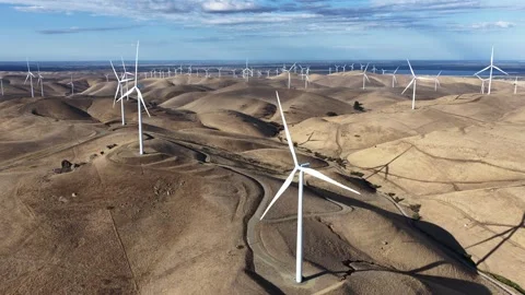 Wind Power Plant Turbines On Rolling Dry Hills in California Stock Footage 345216669