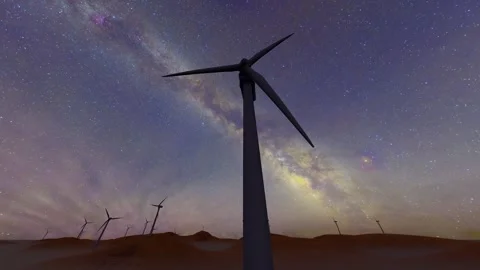 Wind power plant under the starry sky at night Stock Footage 318564492
