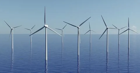 Wind power plant, wind generators on water, wind park Stock Illustration