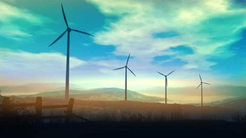 Wind power plants against the background of the cloudy sky Ilustração Stock