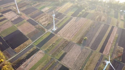 Wind power plants from a height on a bright sunny day Stock Footage 163331765