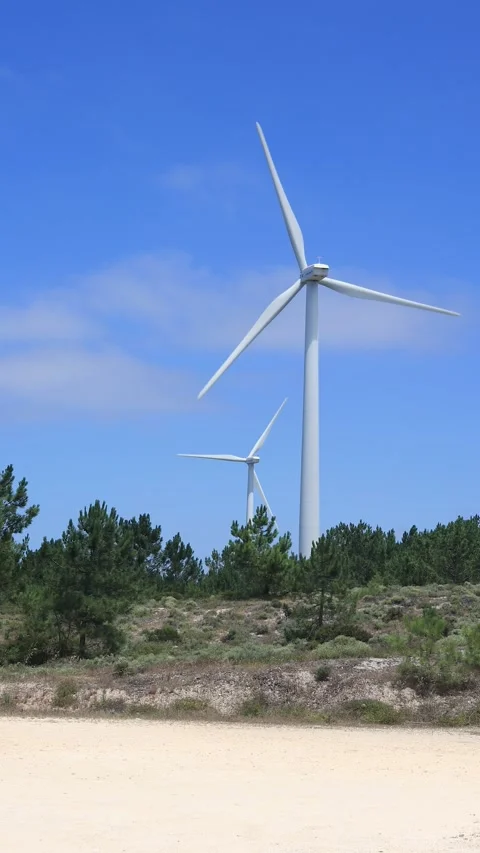 Wind power plants spin under a blue sky Stock Footage 296688285
