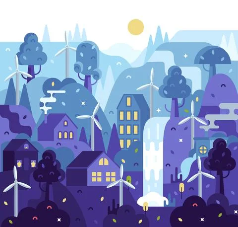 Wind power station background - vector illustration in flat cartoon style Stock Illustration