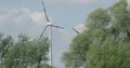 Wind power station wheels rotating behind big green trees 4k or 4k+ Resolution