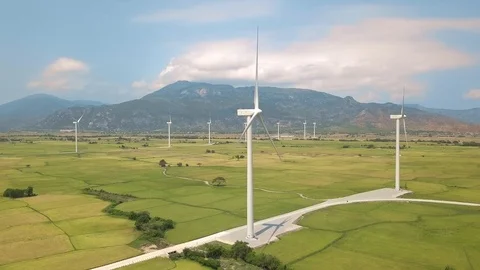 Wind power turbines generating clean renewable energy aerial view. Windmill Stock Footage 106751756