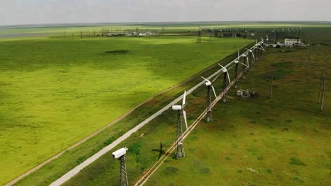 Wind power turbines generating clean renewable energy  Stock Footage 163847878