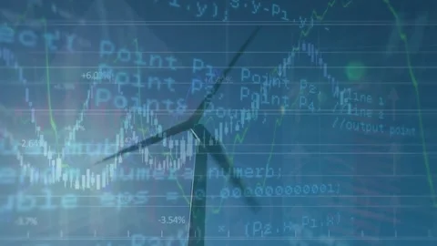 Wind-powered generators simplify financial data and statistics for green energy Stock Footage 329166832