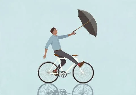 Wind pulling surprised man with umbrella riding bicycle on blue background イラスト素材