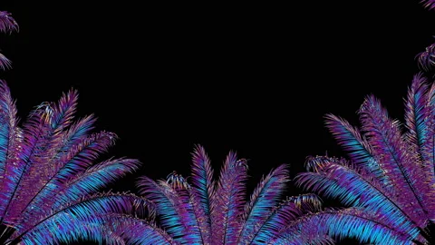 The wind quickly sways the branches of cyberpunk palm trees on a black Stock Footage 125950017