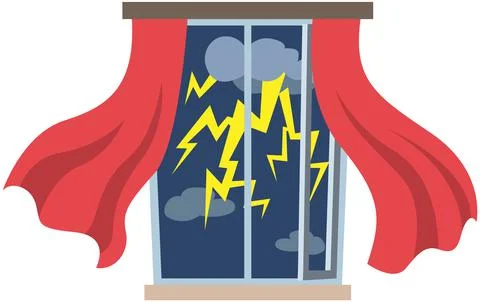 Wind, rain, thunder, lightning outside window with curtains. View of rainy bad Stock Illustration