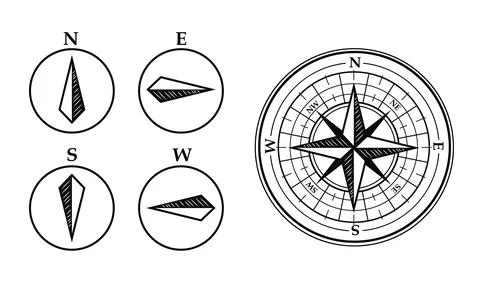 Wind rose and world pole markers with hatching Stock Illustration