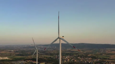 Wind roses that generate energy at sunset Stock Footage 148500586