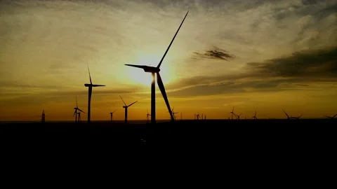 Wind roses that generate energy at sunset Stock Footage 148523743