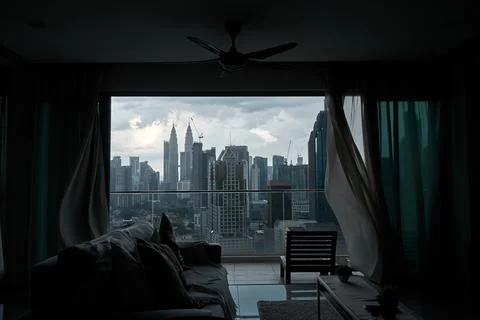 The wind rustles the curtain of the panoramic window with a cityscape Stock Photos