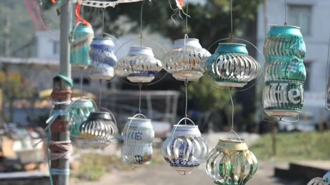 Wind Sculptures Made with Recycled Cans 4K Art and Sustainability Video Stock Footage 295798326