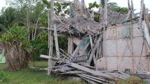Wind shake battered bamboo hut post-typhoon 스톡 동영상 308214171