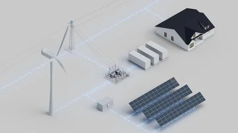 Wind Solar Battery Grid System Isometric View Stock Photos