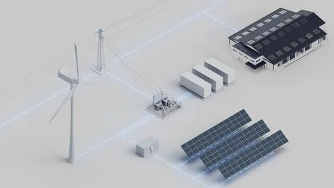 Wind Solar Battery Grid Warehouse System Isometric View Stock Photos